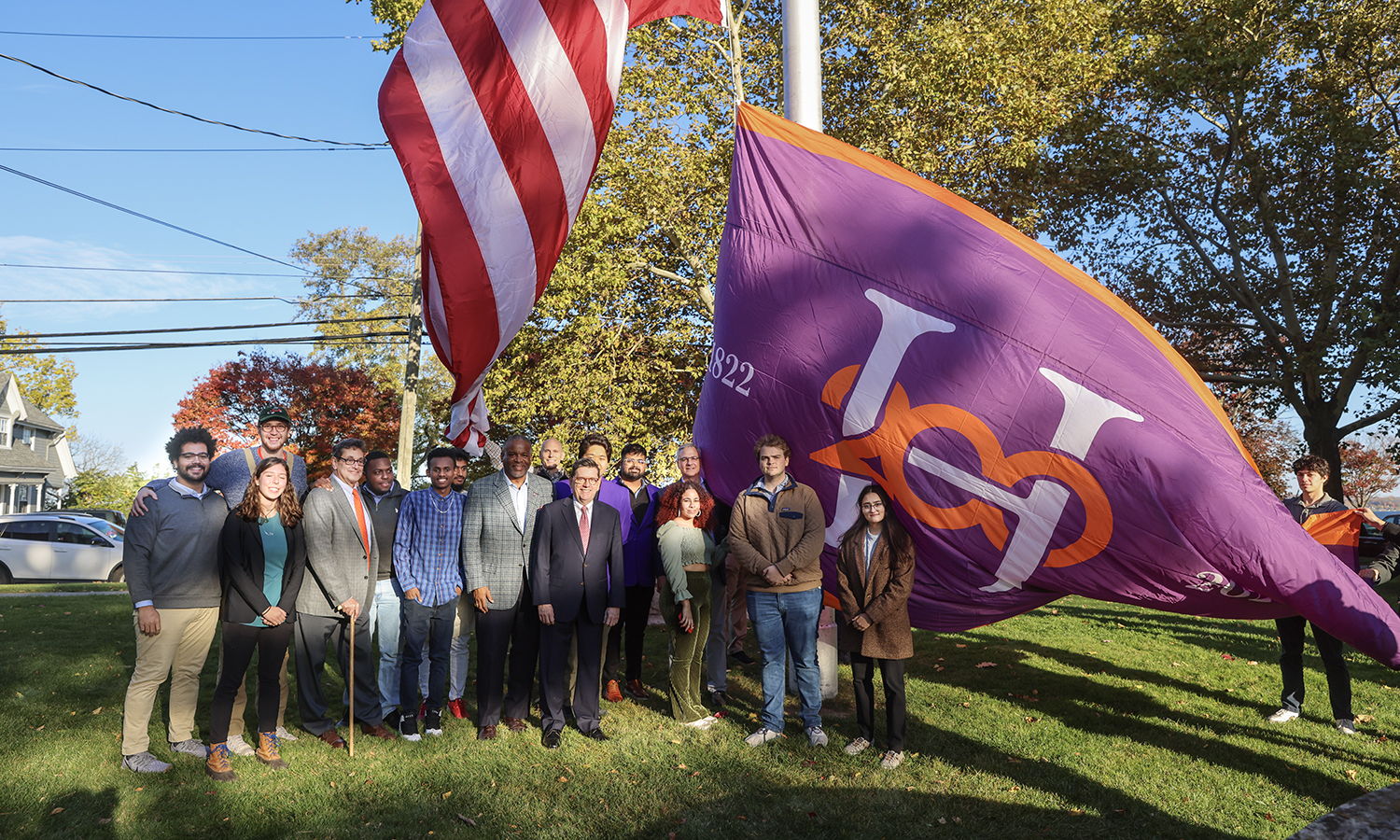 The Hobart Bicentennial flag is raised on South Main Street on Friday afternoon.