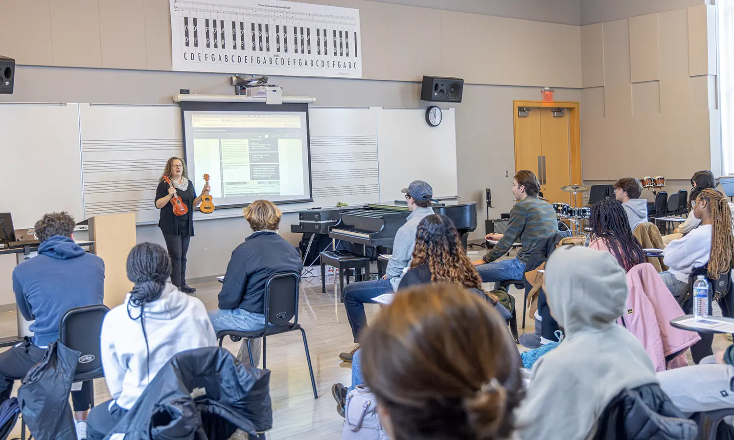 This week, we highlight the HWS faculty that have ranked among the best in the nation for the past seven years. Here, Associate Professor of Music Charity Lofthouse reviews ukuleles with students in the “How Music Works” course.