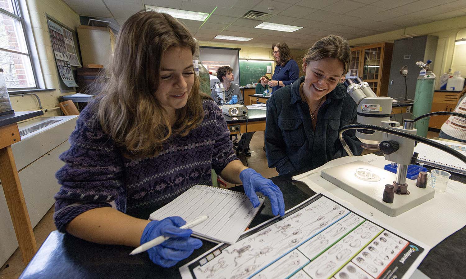 Lily Morrell ’26 and Carolyn Norris ’25 study the effects of alcohol on tadpole embryos in Professor of Biology Kristy Kenyon and Professor of Sociology Renee Monson’s course “Politics of Reproduction.”