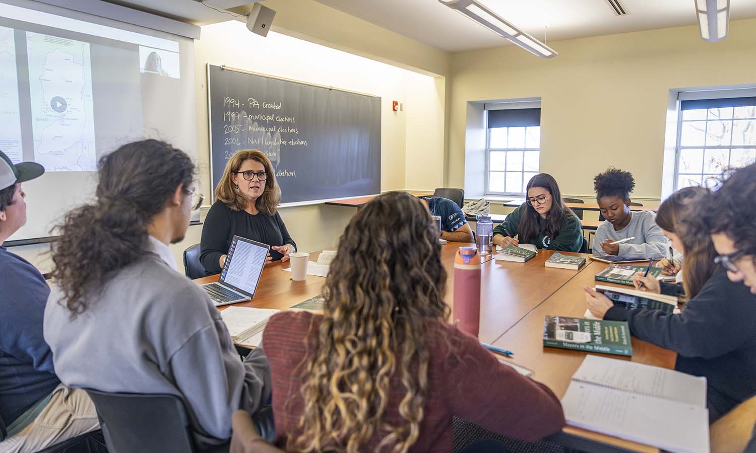 Professor of International Relations Stacey Philbrick-Yadav leads a group discussion in “Borders, Belongings and Rights.”