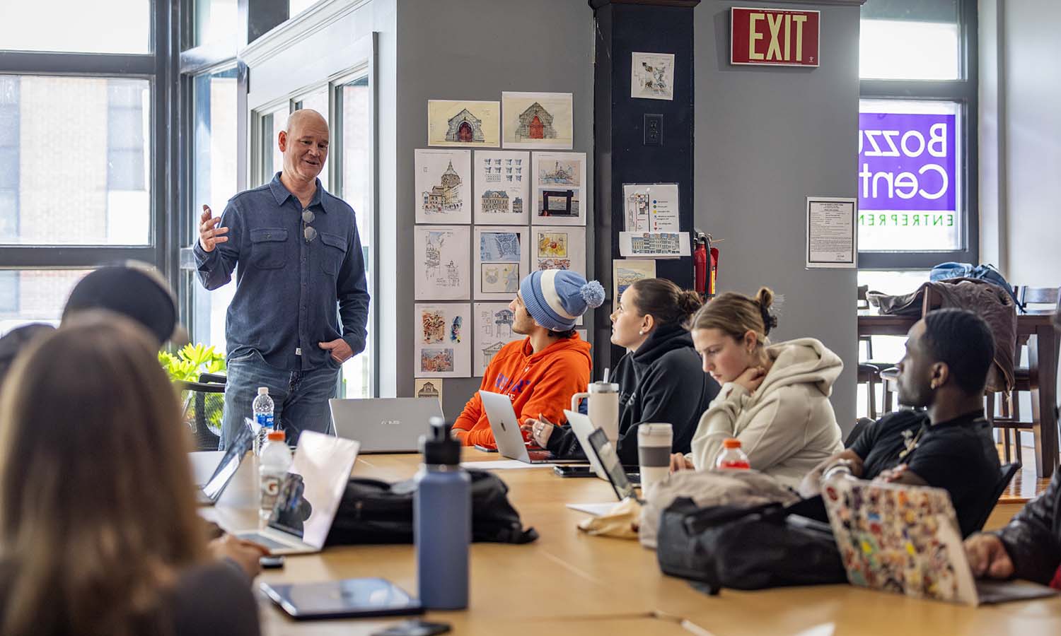 At the Bozzuto Center, founder and CEO of Rescription Scott Martin ’90 speaks to students during a Business Law class.