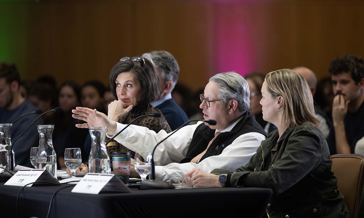 Michael Tesoro P'27, Karla D'Alleva Valas P'27, Lowell Kronowitz '85 and Robin Herrick Tesoro '96, P'27 ask questions to Pitch finalists after their presentations.