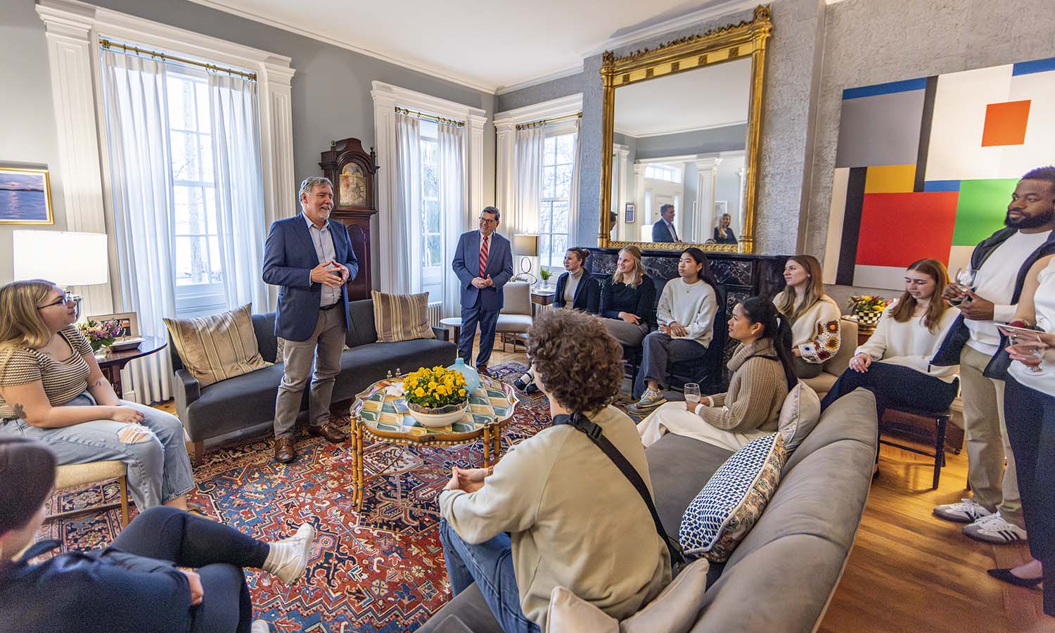Hobart and William Smith’s alumni network is ranked No. 10 in the nation. This gallery features just some of our graduates who have recently returned to campus. Here, Dr. Chris Beyrer ’81, Sc.D ’22, director of the Duke Global Health Institute and one of the world’s leading epidemiologists, talks with students at the President’s House.