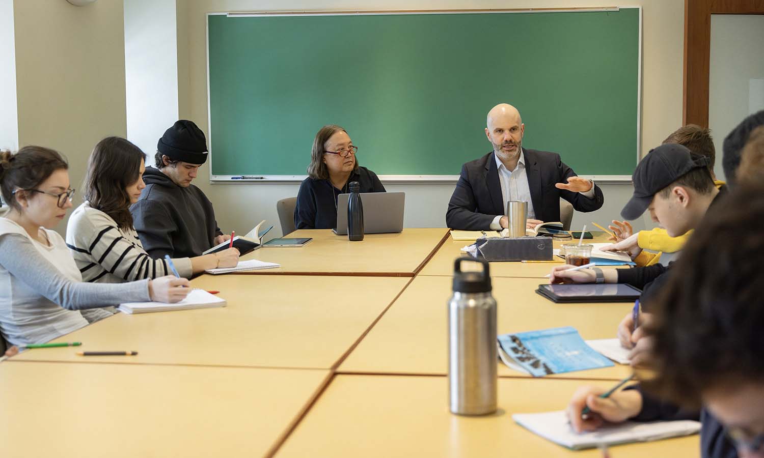 Professor of Economics Joyce Jacobson and Vice President and General Counsel Lou Guard discuss academic freedom during their “Law and Economics of Higher Education” course.