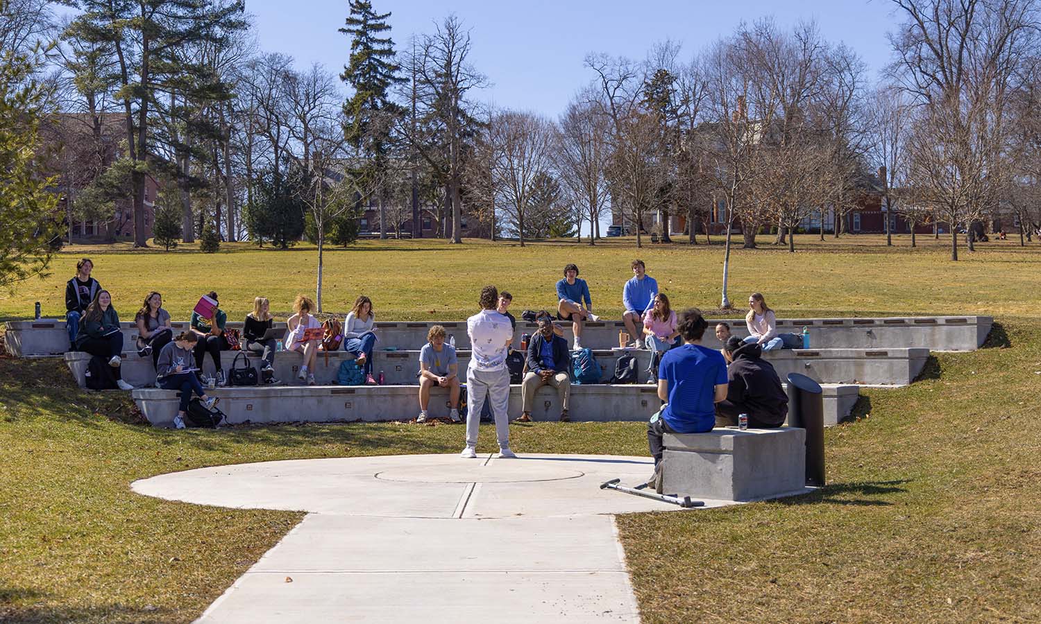 At the Classes of 1972 Outdoor Classroom, Gavin Brignall ’27 presents during “Political Parties” with Associate Professor of Politics DeWayne Lucas.