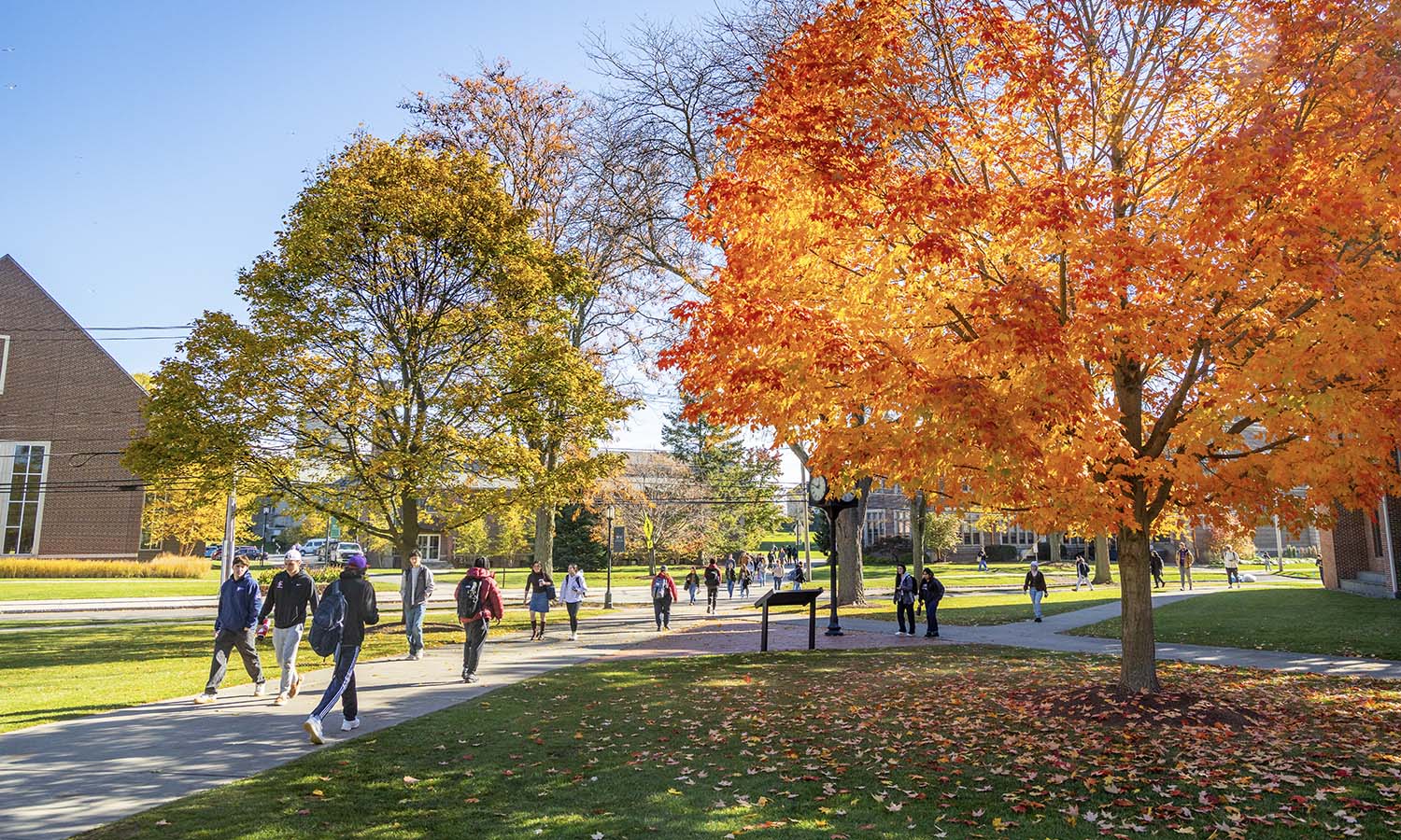 Students cross Pulteney Street on a crisp fall morning.