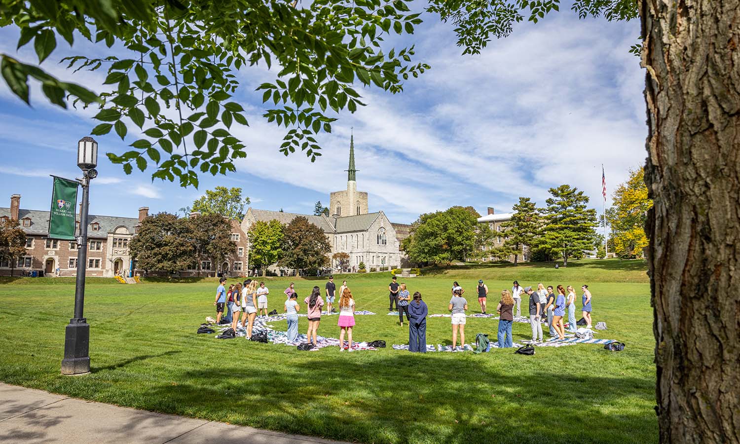 On the Quad, Professor of Psychological Science Julie Kingery leads a group exercise on relaxation techniques during “Intro to Child Psychology.”