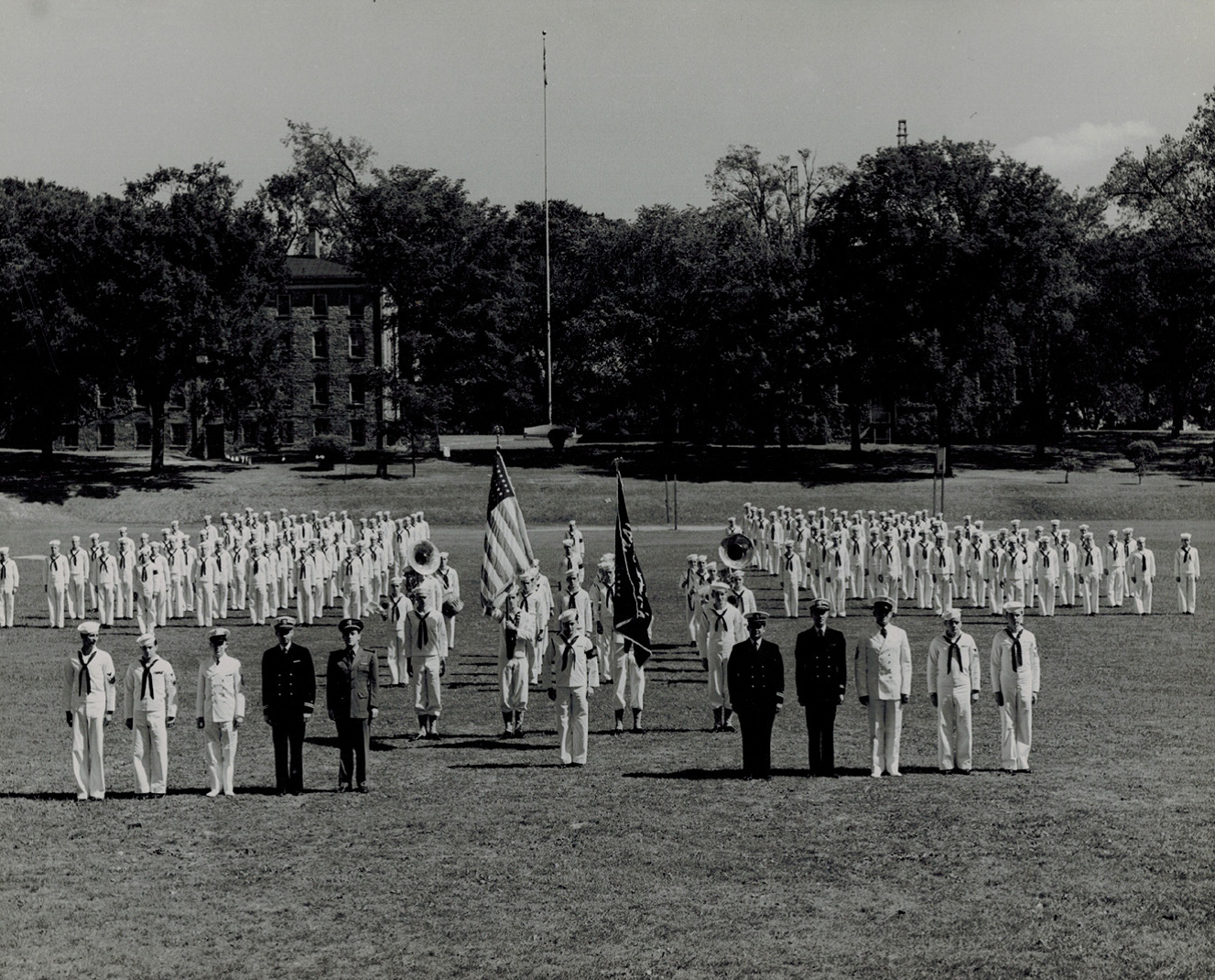 The Navy V-12 Unit in formation on the Quad, ca. 1944–45.
