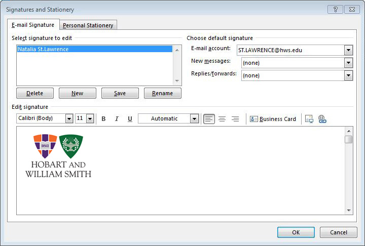 Signature and Stationery dialog box
