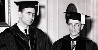 Inauguration of President Brown (left) with Walter H. Durfee (right), former Hobart College Dean and incoming first Provost of Hobart and William Smith.